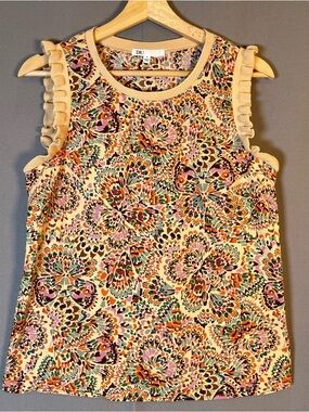 DR2 Cream Multi Colored Geometric Print Floral Ruffle-Sleeve Tank Top Blouse